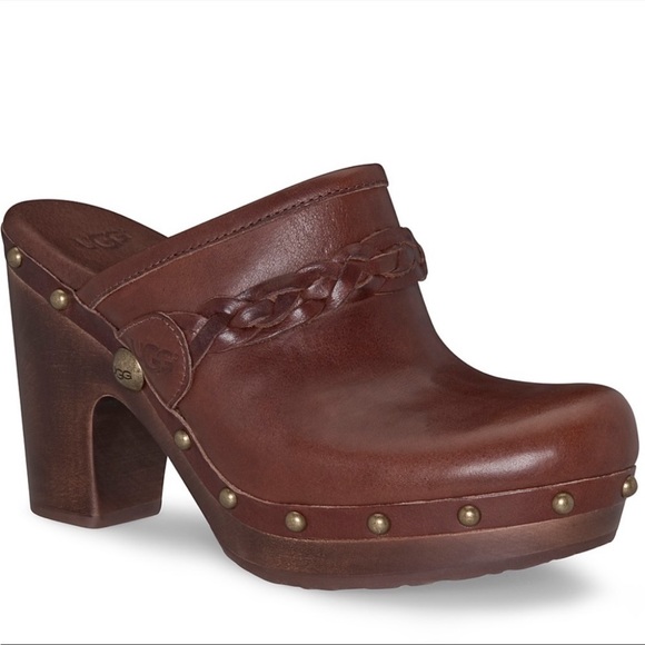 UGG Shoes - UGG Leather Brown Clogs Size 7 Wooden Heel